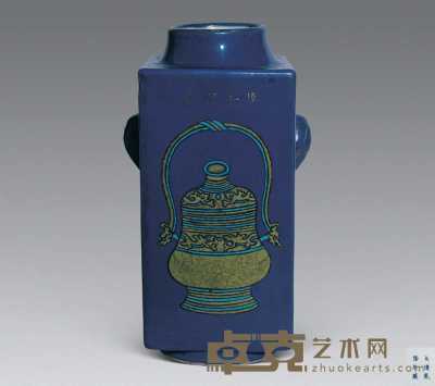清乾隆 祭蓝釉粉彩象耳琮式瓶 高30cm